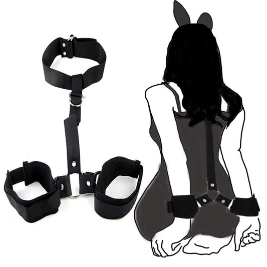 Neck to Wrist Restraints kit  Sexy women BDSM Fetish Behind Back Handcuffs Collar Adjustable Bondage Set Couple SM Sex Game Tool